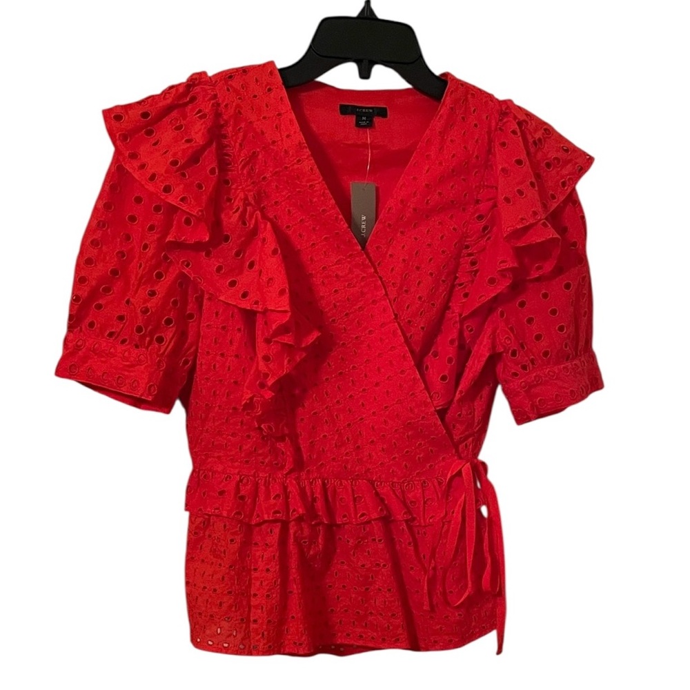 J. Crew Women's Red Eyelet Ruffle Trim Side‎ Tie Wrap V-Neck Top Size M